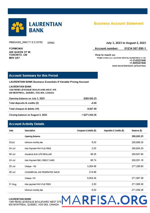 Printable Laurentian Bank enterprise account statement Word and PDF template